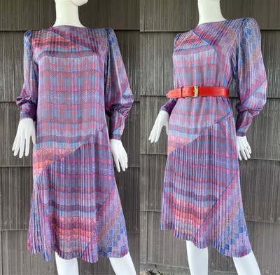 Vintage Hanae Mori Geometric Abstract multicolor Artsy Pleated Midi Dress Sz M