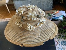 STRAW BOATER SKIMMER HAT BROWN RIBBON VINTAGE WOMENS LARGE BRIM ROUGH SHAPE