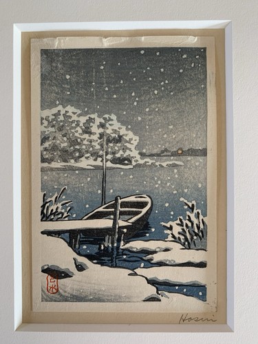 Kawase Hasui, japanischer Holzschnitt "Festgemachtes Boot im Schnee"