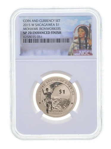 SP70 2015 W $1 Sacagawea MOHAWK IRONWORKERS Dollar NGC Enhanced Fin *0355