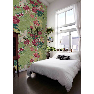 Oriental silk Removable wallpaper pink and green wall mural large