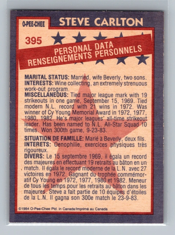1984 O-Pee-Chee OPC Steve Carlton #395 - Philadelphia Phillies - Canadian/French - Image 2 of 2