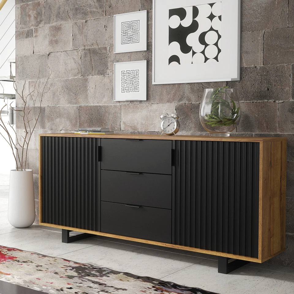 Sideboard 140cm Modern Cabinet | Slatted Doors Drawers | Sleek Design Unit - Image 2 of 4