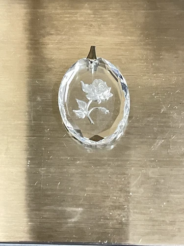 Vtg Glass Oval Pendant Etched Rose Beveled Edges