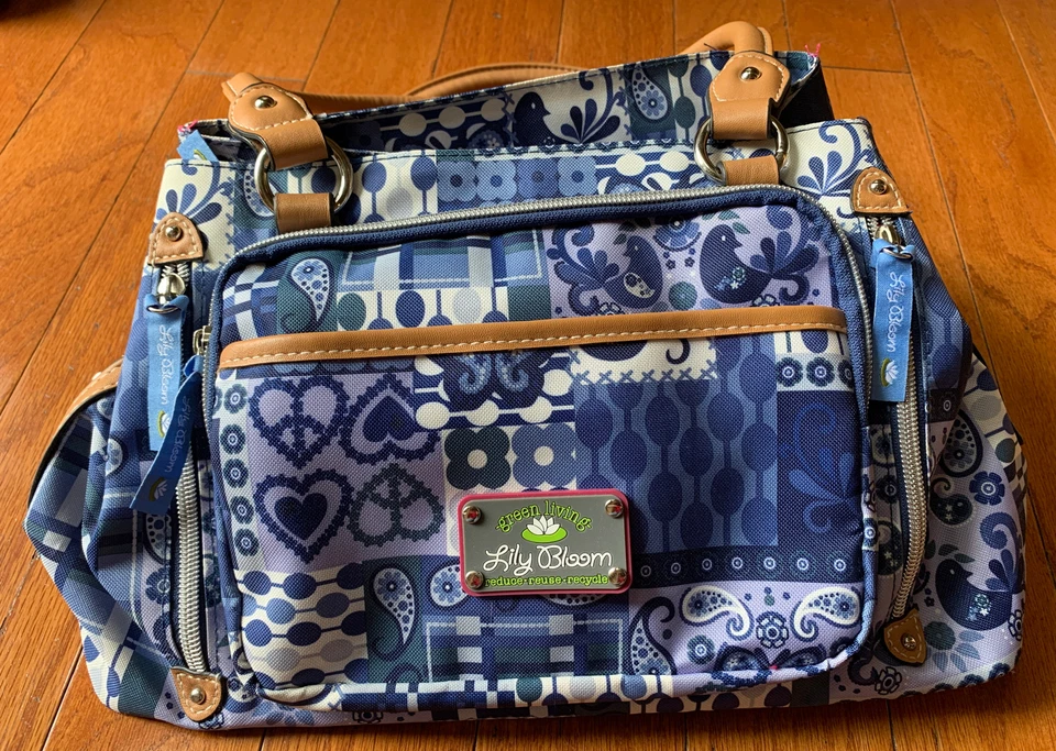 Bolsa de ombro Lily Bloom design azul e branco vários compartimentos verde rosa vivo - Imagem 4 de 4