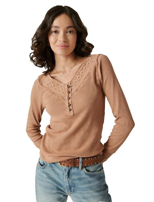 Lucky Brand Women's Brown Long Sleeve Lace-Trimmed Henley T-Shirt Top Size XS