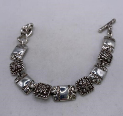 Brighton Silver Plate Floral Square Medallion Link Toggle Bracelet