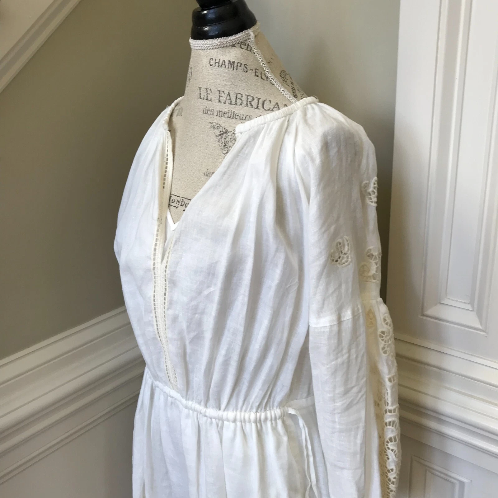 OFF WHITE Abito midi ALC Capri donna 14 avorio bianco sporco scollo a V maniche lunghe lino occhielli