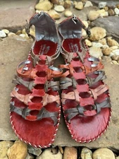 Spring Step Gladiator Red Orange Leather Zipper Heel Side Buckle Sandals 38 New