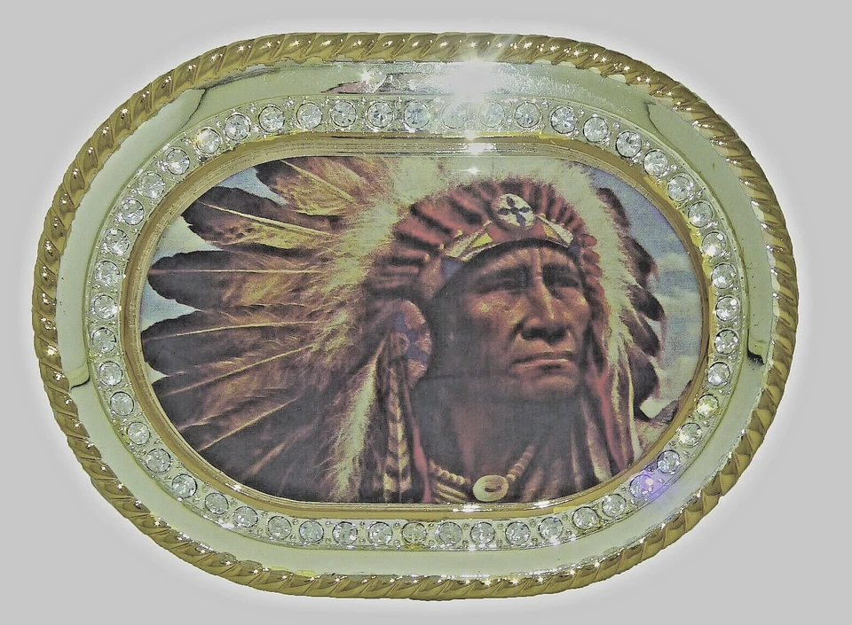 Hebilla de cinturón Indian Chief hombres mujeres cabeza vintage nativo americano dorado metal brillante Foto 3 de 4