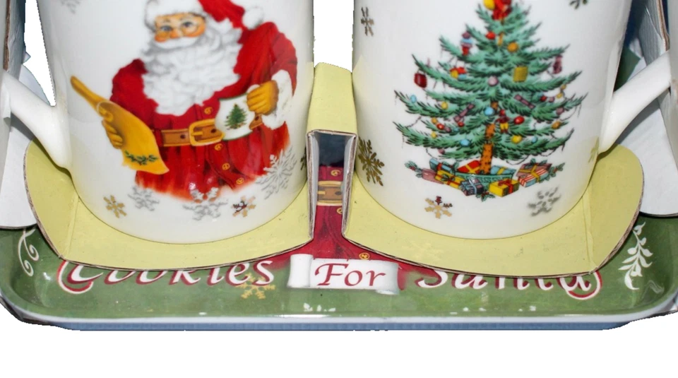 SPODE Christmas Tree 2 Mug & Cookie Tray Set Red White Green Porcelain - Image 4 of 4