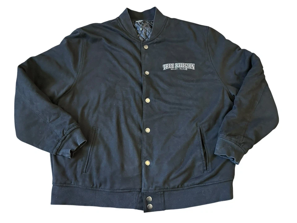 Chaqueta True Religion Para Hombres 2XL Jet Negro Arco Gamuza Bombardero Botón Diseñador Retro Foto 2 de 4