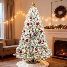 5Ft Per-Lit Snow Flocked Christmas Tree, Artificial Christmas Tree with 200 Warm