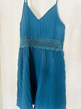Women’s Mini Dress M Blue Solid V-Neck Sleeveless Strappy Pleated Lace Nylon