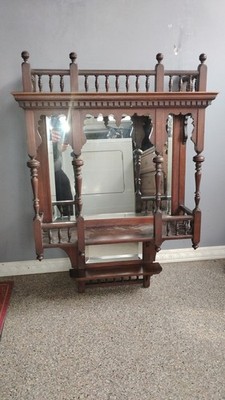 1800's Victorian antique wall curio shelf mirror cabinet display case walnut