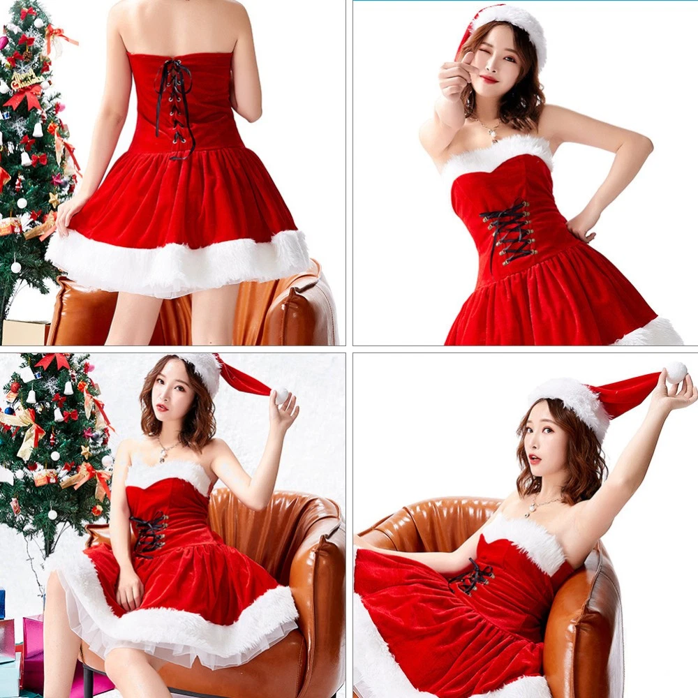 VETEMENTS 1 Set Costume Natalizio Natale Vestito Senza Spalline Festival Vestito Cosplay con Cappello