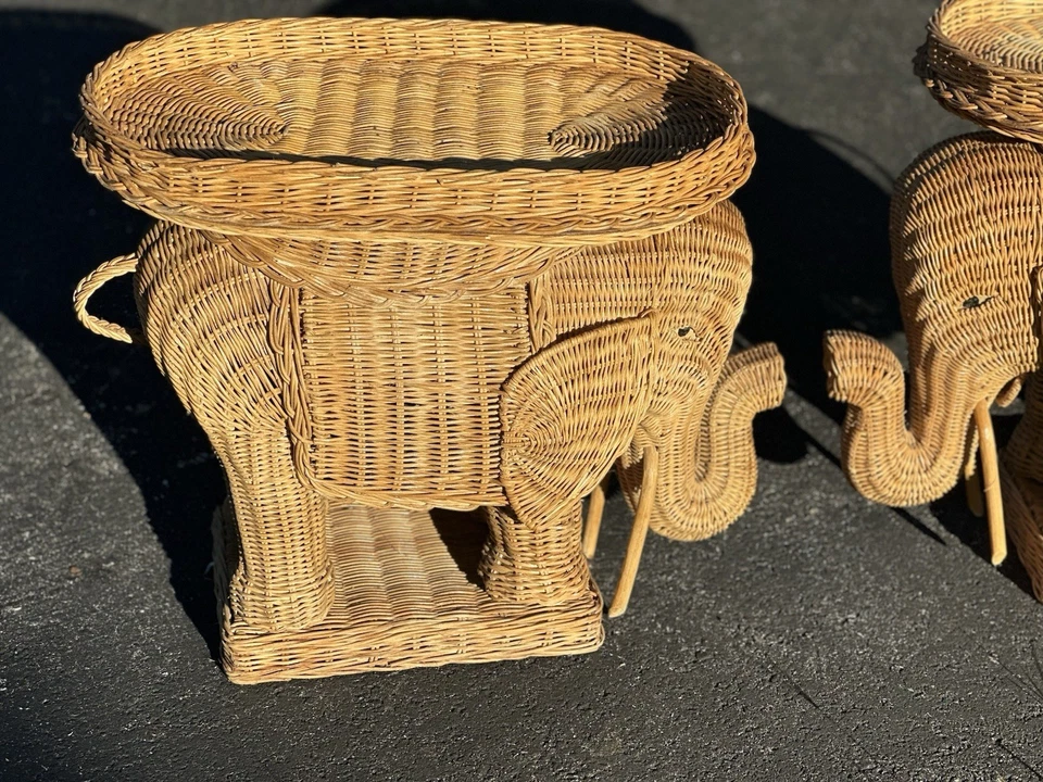 Pair of Vintage Rattan Wicker Elephant Plant Stand Side Tables with Tray - Image 3 of 4