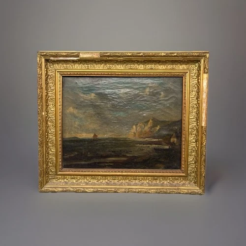 Oil painting on canvas, seascape with a coastal cliff 19th century A.2.1