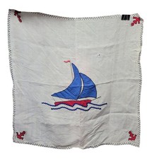 Handmade Nautical Sailboat Applique Linen Table Runner Coastal Decor Blue Red