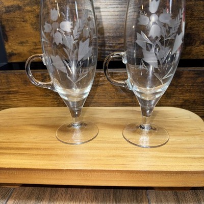2 Vintage etched wheat glass hand blown glasses with finger handles & Pedestals