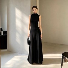 Robe longue maxi femme noire unie, col montant, dos nu, sans manches