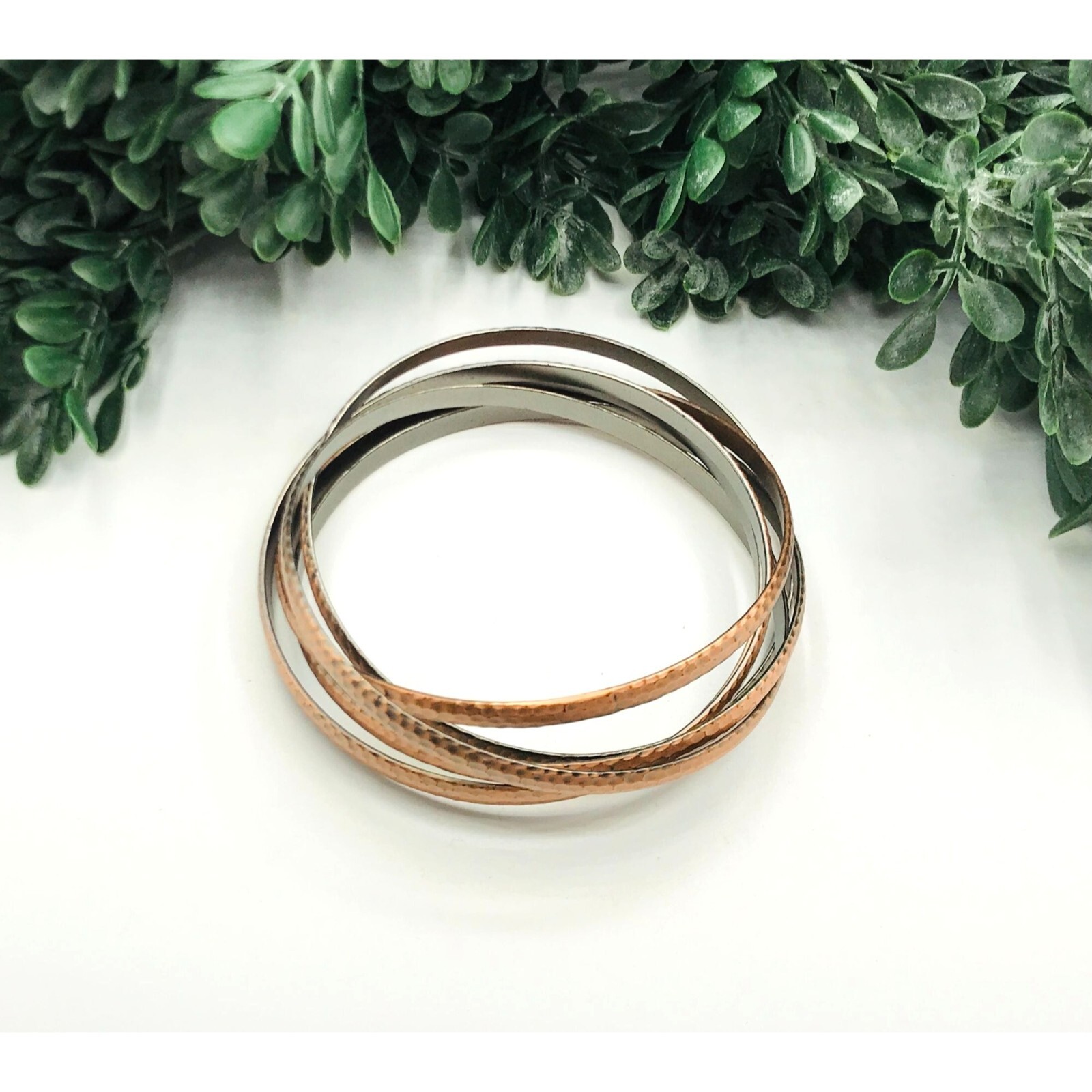 Bangle bracelets copper tone interlocking hammere… - image 3