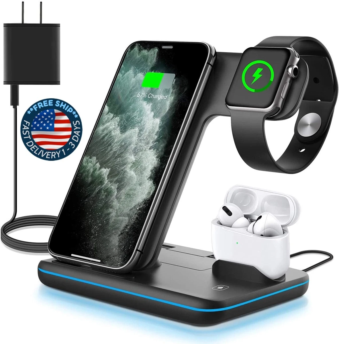 Cargador Inalambrico Para iPhone Apple Watch AirPods 3 En 1