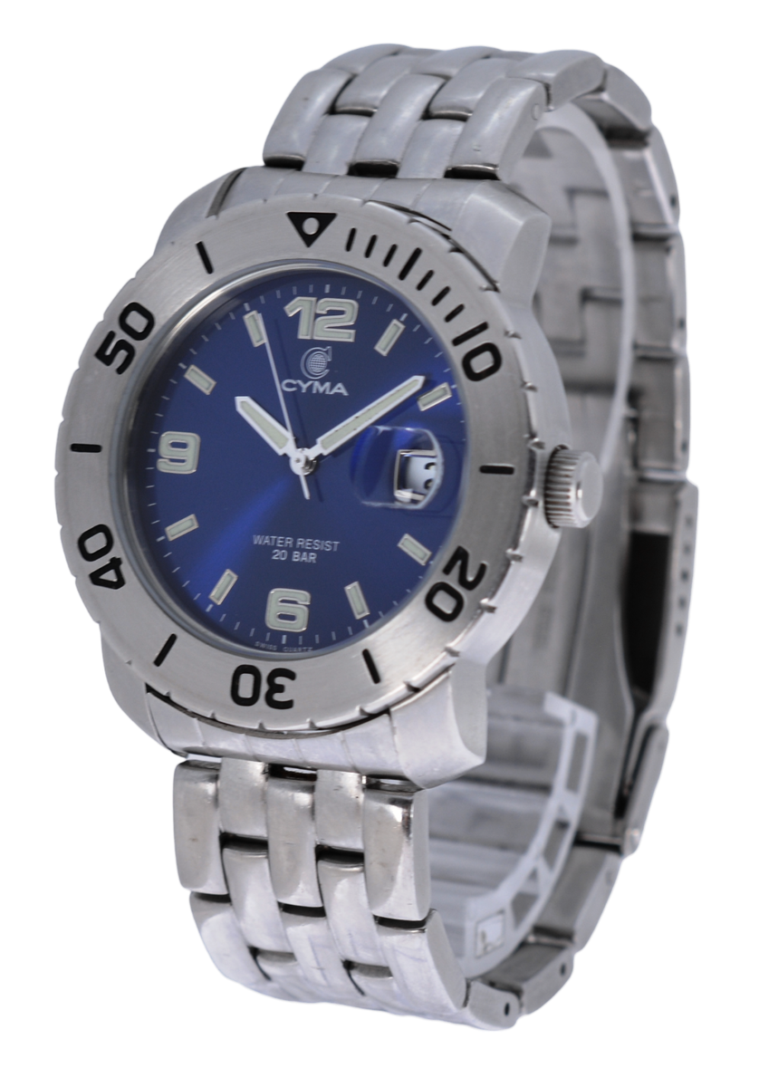 Men's 39mm CYMA Blue Dial Divers Watch 200M Stainless Steel Swiss