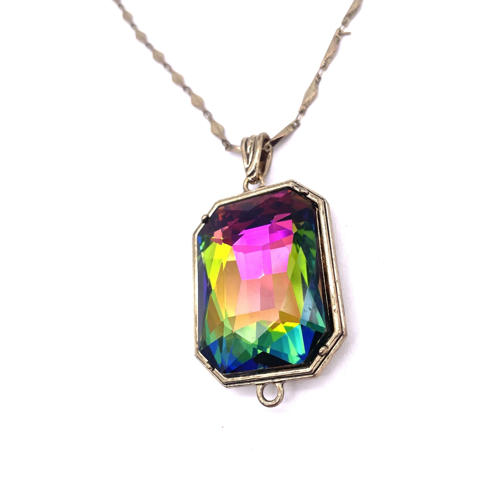 Rainbow Rectangle Gemstone Pendant Chain Necklace… - image 3