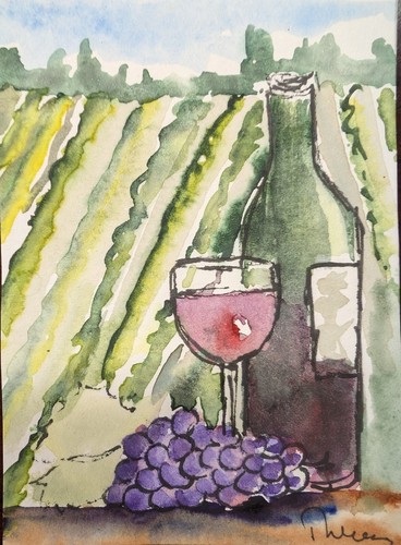 Vino Tinto - Pintura Miniatura Acuarela Original ACEO o ATC Sin Mate -