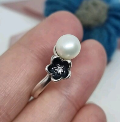 Genuine Pandora Mystic Floral White Pearl Ring Size 58 💕 S925 ALE