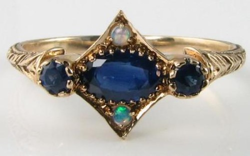 DAINTY 9K GOLD Sri Lankan SAPPHIRE OPAL TRILOGY ART DECO INS RING FREE RESIZE - Picture 2 of 6