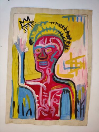 Jean-Michel Basquiat Malerei Zeichnung Vintage Skizzenpapier signiert gestempelt - Bild 1 von 2