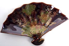 Vintage OMC Fan Trinket Dish Japan Brown Porcelain Plate Gold Trim Bamboo Floral