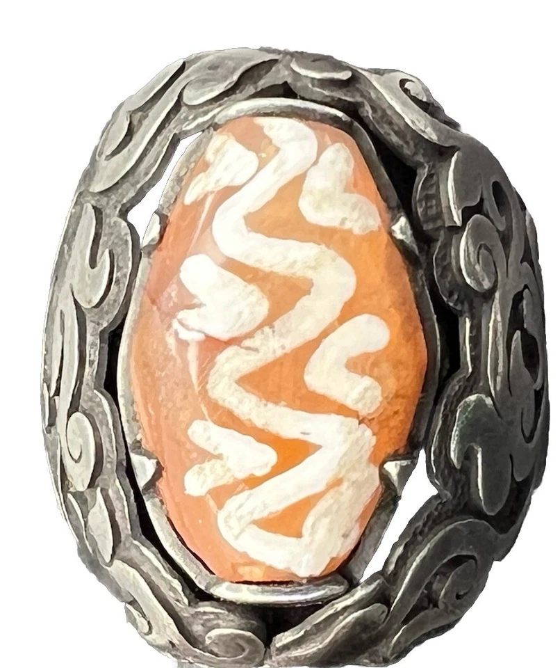 Antica perla di agata eched saziata su anello vintage in argento fatto a mano... - Immagine 2 di 4