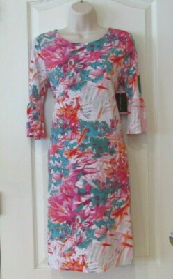 Alexandra+Oak Boat Neck Elbow Slv Dress Coral Combo Women's Sz S NWT MSRP$54