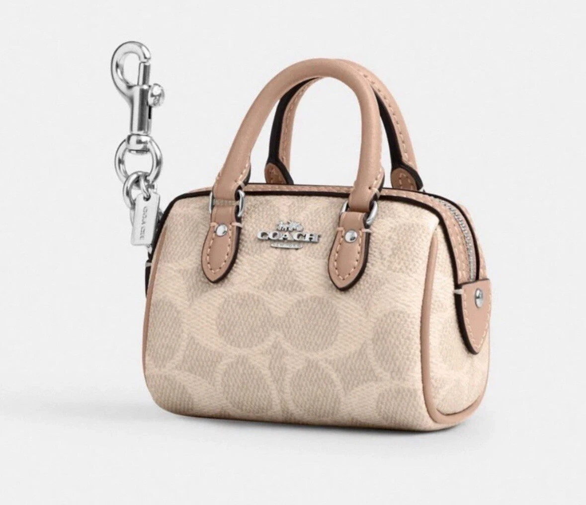 Borsa a tracolla Coach Mini Rowan nuova con etichette ciondolo in tela firmata sabbia tortora