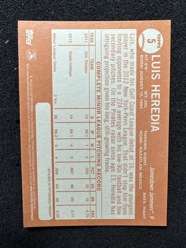 LUIS HEREDIA #5 2013 Topps Heritage Minor League QTY Rookie/Prospect - Picture 2 of 2