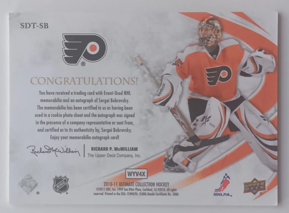 2010-11 Ultimate Collection Debut Threads Auto Sergei Bobrovsky /50 Flyers RC - Image 2 of 2