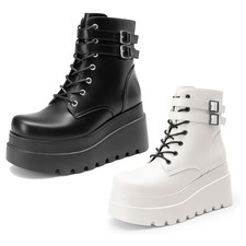 Women Platform Combat Ankle Boots Chunky High Heel Lace Up Motorcycle Booties.