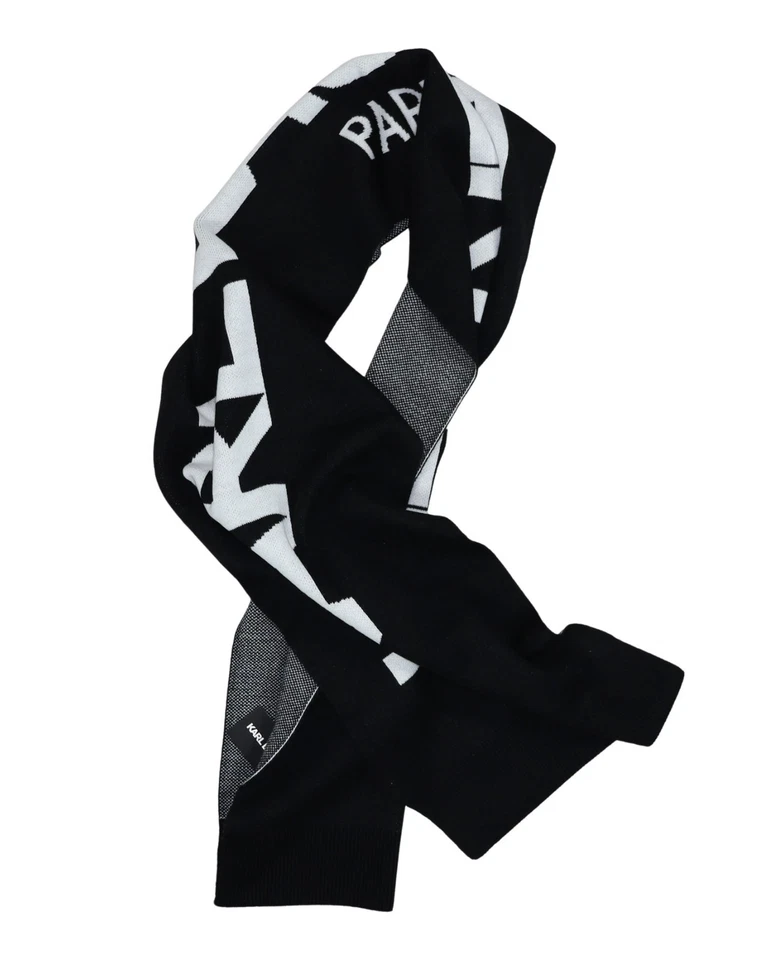 Bufanda tejida con estampado de marca Karl Lagerfeld Paris 72" x 14" nueva con etiquetas negra/marfil