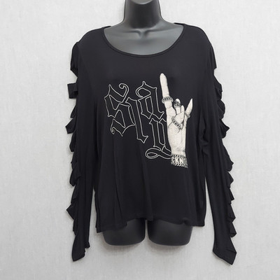 Graphic Emo Shirt Women M Gothic Grunge Punk Rock Band Ladder Sleeve Cutout
