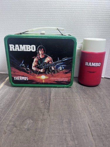 1985 Rambo Vintage Metal Lunch Box Set With Matching Thermos Lunchbox READ