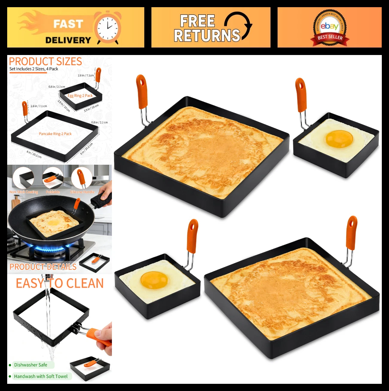4 Pack Stainless Steel Egg Ring Set - Square Pancake Molds with Silicone Handle,