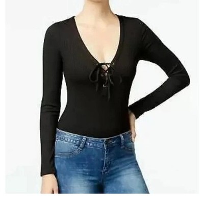 NWT Material Girl Lace Up Rib Knit Long Sleeve Bodysuit V-Neck Black Womens M