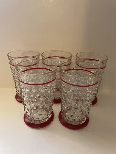 Vintage Anchor Hocking Hobnail Tumblers Red Base and Stripe Set of 5    4.75" T