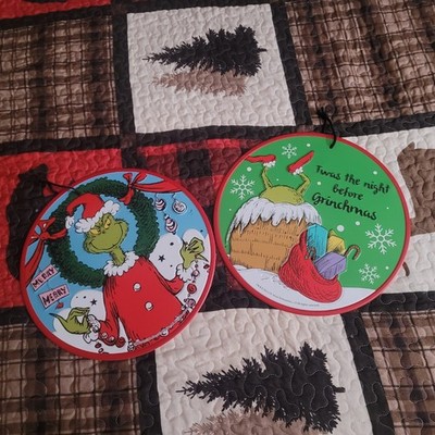 Set of 2 Grinch Holiday Hanging Signs - Red and Green
