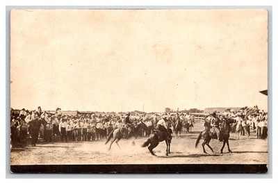 RPPC Early Prairie Roundup, Cowboys Busting Broncos, Rodeo.