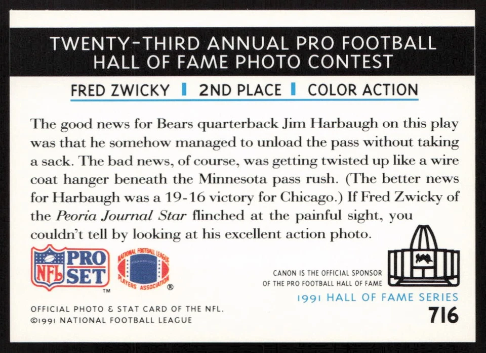 1991 Pro Set Jim Harbaugh #716 Chicago Bears - Image 2 of 2