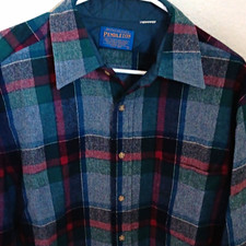 Pendleton Men's L Wool Flannel Plaid Button-Up Point Collar Shirt Blue Green